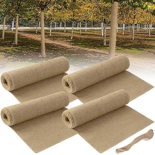 4 Rolls Natural Burlap Tree Wrap Rolls- 25x300cm Burlap Fabric Tree Trunk Protector- Burlap Plants Wrap Bandage with Ropes- Frost & Freeze Protection Cloth for Winter Outdoor Trees, Shrubs, Plants