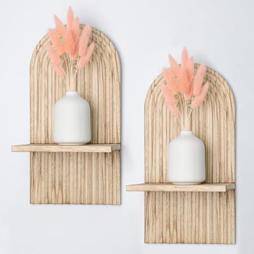YiYa 2 Pcs Wood Shelves for Wall Decor Modern Boho Wall Shelf Arch Wood Floating Shelf Rustic Shelves Display Shelving for Hanging Plants Photo for Living Rooms Bathroom