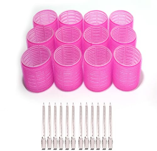 Hair Rollers Set with Clips, 18 Self-Grip Curlers in 3 Sizes, 10 Metal Clips, Pink