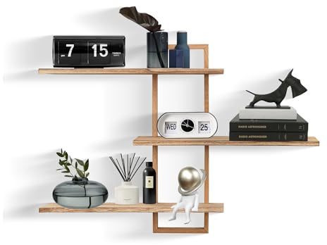 3-stöckige Wandregale,dekoratives schwebendes Regal für die Wand,Pflanzen- und Fotoregal zur Aufbewahrung und Präsentation,Holzregal für Wohnzimmer,Schlafzimmer,Home-Office-Dekor,groß,57cm,natürlich