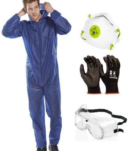 OS Smart Choice Lightweight Disposable Overall Set, 5 Overalls with Masks, Gloves and Goggles, Laboratory Protective Wear, Non-woven Polypropylene (Blue, XL)