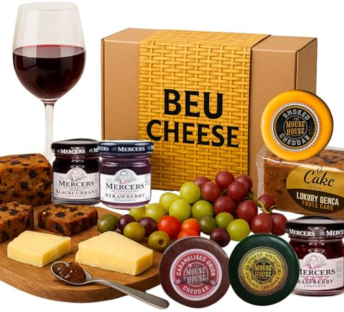 Cheese Hampers Gift Set - 3x Cheeses Truckle Selection, Jam Marmalades, Fruitcake and Card - Cheeseboard Gift Set, Birthday Hamper for Men & Women, Cheese Selection Box, Fathers Day Hampers