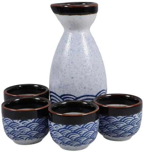 BESPORTBLE Japanese-Style Sake Cup Set Ceramic Sake Serving Set with 1 Pot and 4 Cups Sea Ripple Glazed Design for Home Bar Restaurant Tea Party Japanese
