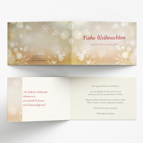 Geschäftliche Weihnachtskarte – Personalisierbare Klappkarte goldfarbige Schneeflocken für Firmen mit Logo & Text – 10 bis100 Stück – Hochwertiger Druck – optional Umschläge, Motiv Sternenglanz