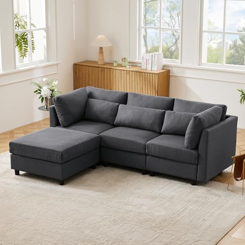 EINHOM Sofa 3-Sitzer-Sofa L-Förmiges Ecksofa Modernes Design Polstermöbel Wohnzimmersofa mit Fußhocker Schlaffunktion Bequeme Couch Stoffsofa aus Baumwoll-Leinen Geeignet für Wohnzimmer Büro Gray