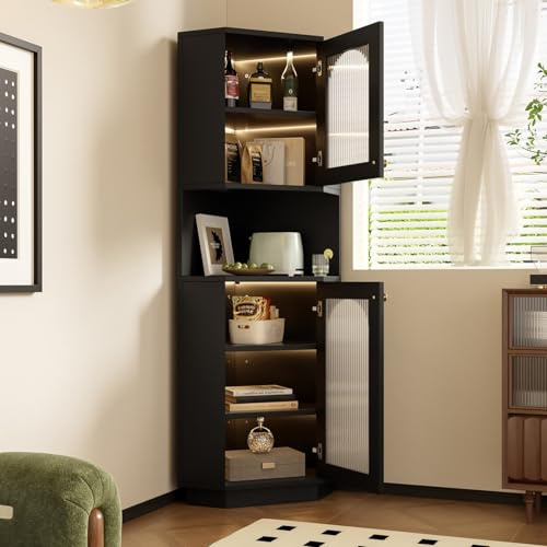 EURHCIO Buffet Hauts,Meuble Salle de Bain 45x45x166.5cm,Meuble d'angle,Buffet Salle a Manger avec Bande Lumineuse,étagères à 6 Niveaux,2 Portes Vitrées,pour Cuisine(J-Noir)