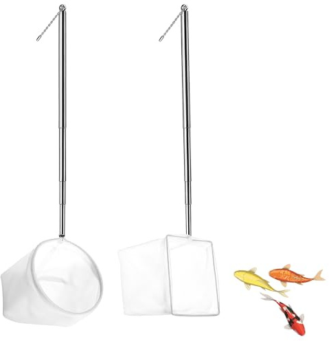 2 PCS Fish Net Aquarium& Pond Net, Maslasee Telescopic Stainless Steel Handle Fishing Net, Square and Round Fish Tank Net for Cleaning, Aquarium Net Maintenance Tool (Extendable up to 40cm)