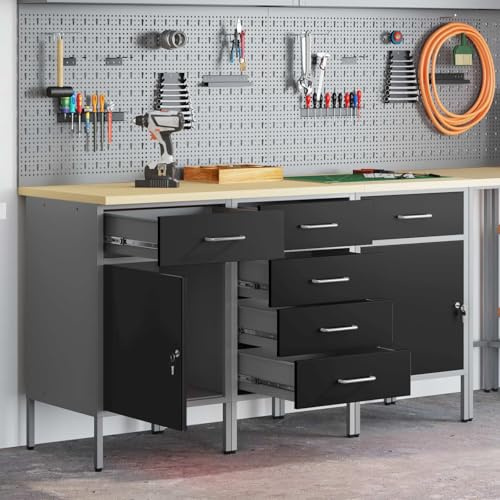 RCODSSK Industrieller Werkstattschrank Loft Design Moderner Werkstatt Schrank zur Aufbewahrung mit Fächern Regalen und Werkbank mit Schubladen 3 Stück Schwarz Grau 75x45x85 cm