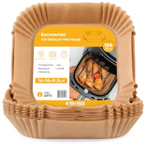 Airfryer Backpapier 100 Stück, Backpapier für Heißluftfritteuse 20x20x4,5cm | BPA-frei und hitzebeständig: Universelle, lebensmittelechte Einlagen bis 220 °C für eine sichere Zubereitung im Airfryer