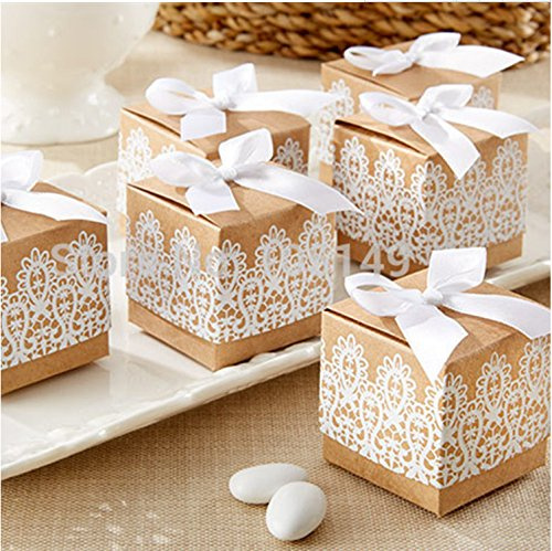 Veewon 50pcs Rustic Lace Vintage Candy Gift Boxes Shabby Chic Wedding Favour Boxes with Bow Lace Ribbon for Wedding Party Baby Shower Favor