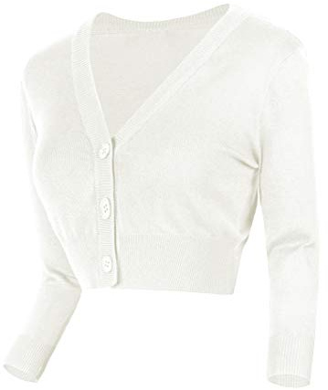 Urban GoCo Mujeres Chaqueta Corta Punto de Manga Larga Rebecas Escote en V Bolero Cárdigan L, Blanco