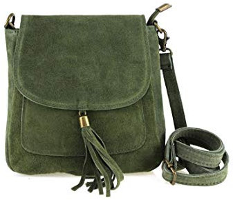 Made in Italy Damen Leder Tasche Messenger Bag Henkeltasche Wildleder Handtasche Umhängetasche Ledertasche Schultertasche Beuteltasche Fransen Cross-Over Grün