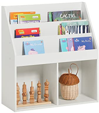 SoBuy Kinder Bücherregal Montessori Regal Kinderzimmer mit 3 Ablagefächern und 2 offenen Fächern Kinderregal für Spielzeug Aufbewahrung Weiß 73x80x30cm KMB01-W
