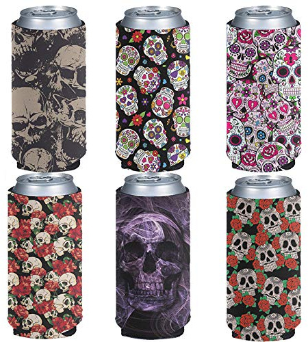 Pizding 6pcs Skull Sugar Skull Design Elastic Flexible Standard Beer Can Cooler, Drink Coolies Foldable Insulators for Cans Beer Cooler Bags Fit 12oz Energy Drink Beer Tea for Weddings Parties Events