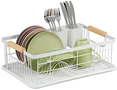 Relaxdays Abtropfgestell, Besteckkorb & Abtropfschale, Geschirrständer Küche, Abtropfgitter, Kunststoff, Metall, weiß
