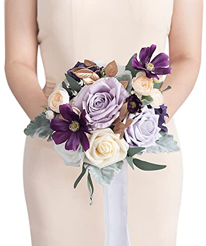 Ling's Moment Bouquet da sposa con fiori artificiali di lavanda e crema, 17,7 cm, bouquet da sposa per cerimonia di matrimonio, anniversario, addio al nubilato e matrimonio rustico francese