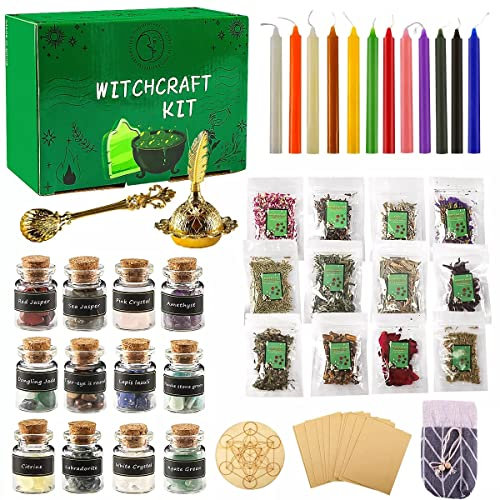 Witchcraft Supplies Kit, 52 Pack Witch Starter Tools, Colored Candles, Healing Crystals, Hay, Parchment, Chakra Discs, Magic Spoon and Censer, for Beginners Altar Supplies Pagan Decor (52 Pcs)
