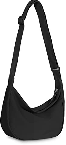 Piccola borsa a tracolla per donne e uomini alla moda, mini borsa a mezzaluna con tracolla regolabile, 2 cerniere in nylon leggero, Nero, Small, Causale