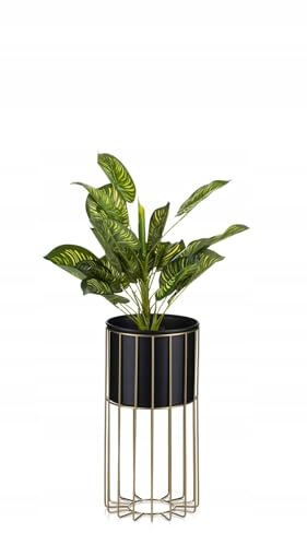 HowHomely Moderne Blumenständer Metall 42 cm Hoch mit Schwarz Blumentopf Rund 19 cm Ø auf Robuste Gold Ständer - Pflanzenständer zur Dekoration Innenräumen