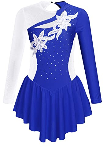 CHICTRY Eiskunstlauf Kleid Mädchen Langarm Rollschuhkleid Strass Glitzer Tanzbody Farbblock Patchwork Leotard Mit Wickelrock Dancewear