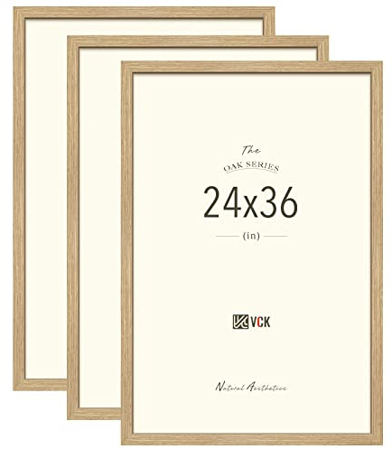 VCK 24x36 Poster Frame Set of 3 - Oak, Natural Solid Wood Picture Frames, Wall Gallery Frame