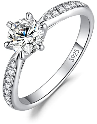 JewelryPalace Classic 5mm 0.5ct Moissanite Solitaire Engagement Rings for Women, 925 Sterling Silver Promise Ring for Her, Round Cut Simulated Diamond Anniversary Wedding Rings H-J Size 7