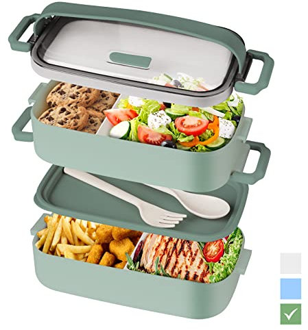 Beeptrum Bento Box Lunch for Adult, Stackable with 2 Compartment, Include Utensil Set, Leak-Proof, Safe Microwave and Dishwasher, BPA-Free 1600ML Green