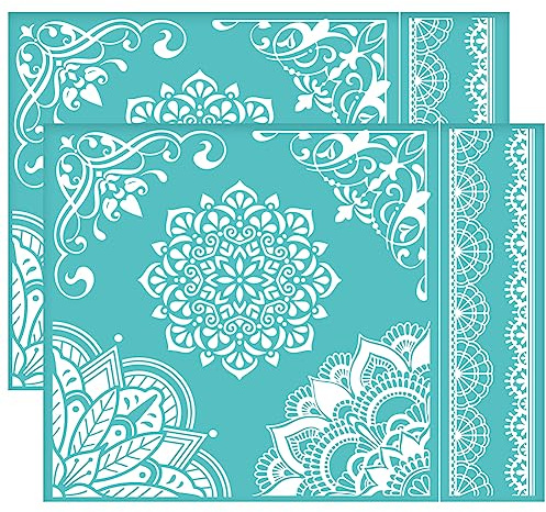 OLYCRAFT 2 Stück Selbstklebende Siebdruck Schablone Mandala Muster - Netz Transfer Vintage Rand Eck Zum Malen Auf Holz DIY T-Shirt Stoff - 28x22cm