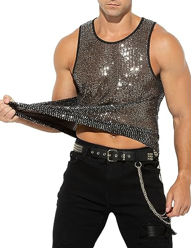 Casey Kevin Pailletten Tank Top Herren Glitzer Shirt Oberteil Party Outfit Männer Rave Kostüm Metallic Tank top Men