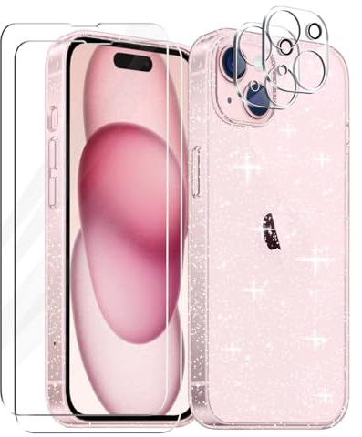 Tikgue Hülle für iPhone 15 Hülle mit 2 Stück Display Schutzfolie und 2 Stück Kamera Folie, 360 Grad Handyhülle Glitzer Transparent Silikon Schutzhülle Slim Weich TPU Case - Clear