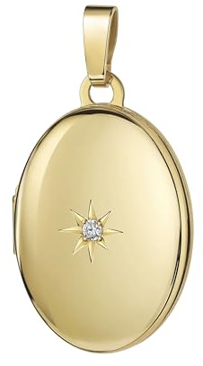JEVELION Medaillon Set Gold 585 14 Karat mit Zirkonia für 2 Bilder Foto Amulett Anhänger oval zum Öffnen für Damen + Schmuck-Etui und Halskette