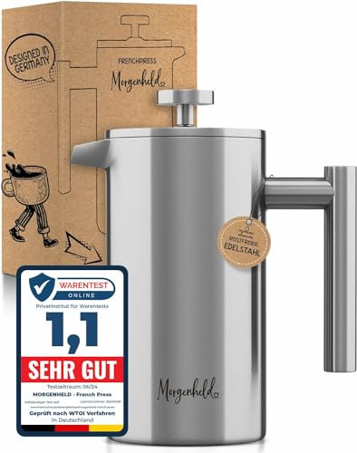 Morgenheld Premium French Press 1l in acciaio inossidabile – 5 tazze 1000 ml – Caffettiera francese con filtri di ricambio, adatta all'induzione – caraffa termica isolante a doppia parete 1000ml