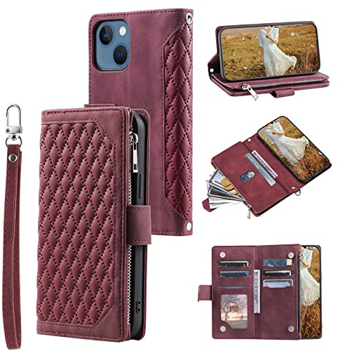 QLTYPRI Wallet Case for iPhone 15(6.1 inch),Luxury Quilted PU Leather Wallet Case with Card Slots for Women,Magnetic Zipper Purse Case with Wrist Strap Kickstand Shockproof Flip Cover-Wine Red