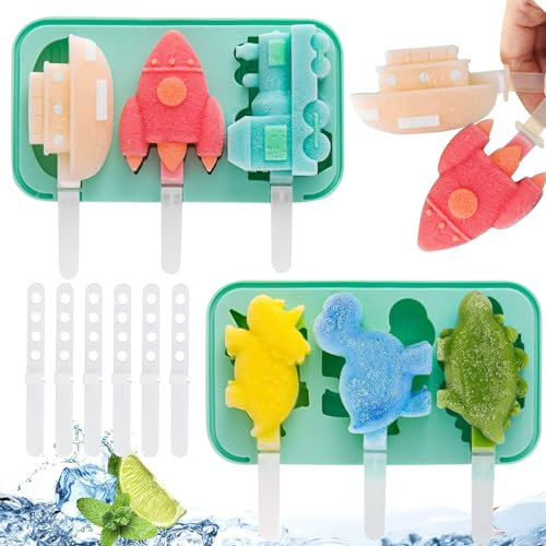Eisformen Eis am Stiel, 2 Stück Silikon Eis am Stiel Eiscreme Cakesicle Formen, Kinder DIY Eisform mit Stiel BPA Frei Wiederverwendbar, Kreative Hausgemachte Dinosaurier Früchte Form (C)