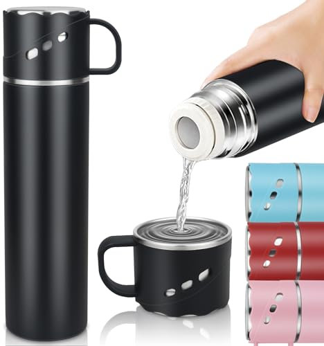 Thermosflasche 550ml, Auslaufsichere Thermoskanne BPA-Frei, Sechs Wände Trinkflasche Edelstahl Mit Tasse und Griff, Thermobecher Klein Hält 12 Stunden Heiß/Kalt, Isolierflasche Baby Unterwegs Schwarz