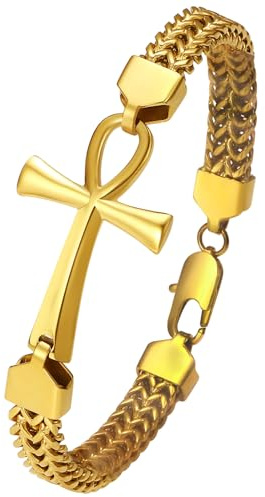 Flongo Armband Herren Ankh Kreuz: bracelet schwarz Gold Silber Franco Armkette Edelstahl königskette Double Row Woven Chain mit Egyptian Cross Amulett mens jewellery Armbänder für Damen Männer Jungen