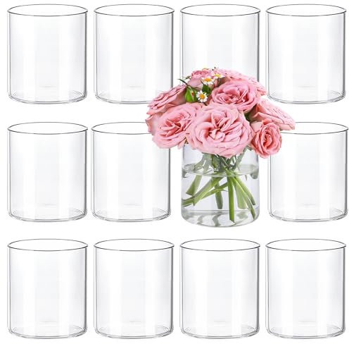 TBWIND 12pcs Small Glass Cylinder Vases for Centerpieces, 4 Inch Clear Flowers Vase for Wedding Decorations, Glass Hurricane Candle Holder for Home Decor Table Centerpiece