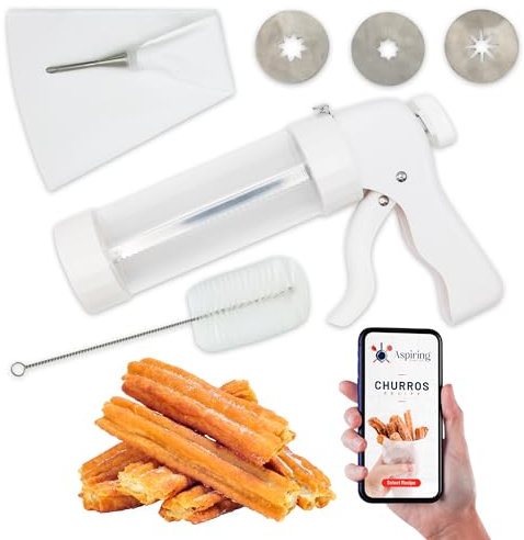 Churro Maker Machine Kit – Easy-to-Use Churro Gun with Stainless Steel Discs, Piping Bag & Filling Tip – Make Authentic Churros Mexicanos at Home – Includes QR Recipe eBook