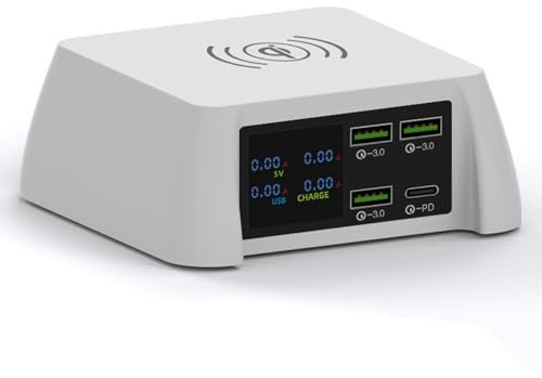100W Fast Charge QI Wireless Smart Charger + 4 Port Fast Charging Station Adapter with LED Digital Display for Phone Tablet Laptop MP3 MP4 DV (110-240V)