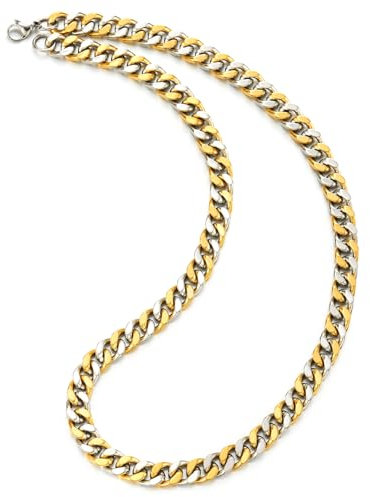 COOLSTEELANDBEYOND Hip Hop Schmuck Halskette, Kubanische Panzerkette Halskette für Herren, Edelstahl Gold Silber Zweifarbig, 60CM Lang