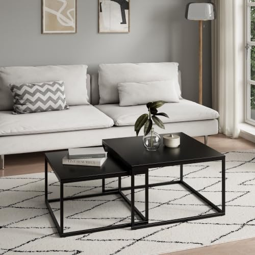 Home Collective Couchtisch 2er Set quadratisch schwarz aus Holz Wohnzimmertisch Modern Beistelltisch Set 2 in 1 mit Metallgestell für Wohnzimmer Beistelltisch Loft Design Twin Kratzfeste Oberfläche