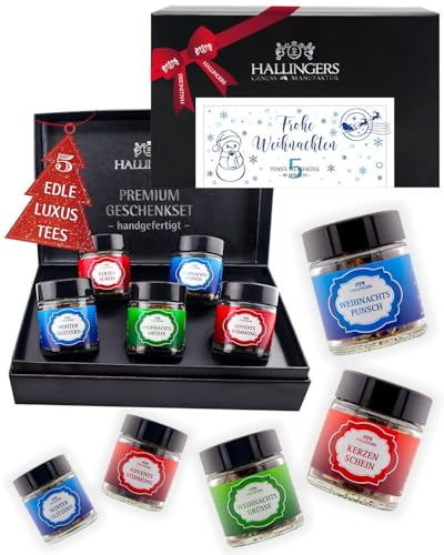 Hallingers Genuss Manufaktur Tee Weihnachts-Geschenk-Set - 5 Sorten premium loser Tee Probierset in edler Geschenkbox mit Rezept-Booklet Frohe Weihnacht..., Weihnachten für Frauen Männer