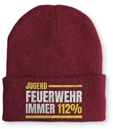 tshirtladen Mütze mit Spruch Jugendfeuerwehr Immer 112% Wintermütze lustige Beanie, Farbe: Bordeaux