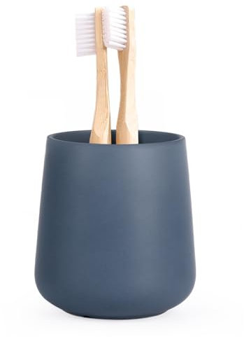 Autumnlife Portaspazzolino rotondo in ceramica, 350 ml, porta spazzolino da denti, tazza rotonda per bicchiere da bagno, bicchiere blu opaco, adatto per spazzolino da denti, dentifricio, Ø 7,6 x 9,5