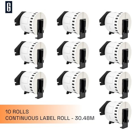 GROF – 10 rullar DK-22205 oändliga etiketter kompatibla med Brother – 62 mm x 30,48 m, självhäftande pappersrulle för QL-serien QL-500 QL-700 QL-800, perfekt för fraktetiketter