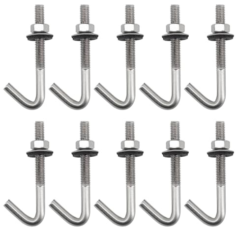 (10 Stück) M6x110mm Dachanker, Betonanker, Schrauben, J-Haken, 304 Edelstahl, Wandhaken, langer Schaft, Haken mit Sechskantmutter, Unterlegscheibe