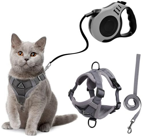 TYXHXTF Katzengeschirr mit Leine Ausbruchsicher Set, Katzen Automatisch Einziehbare Leine 3m (Grau)