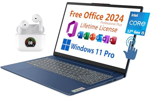 Lenovo 15.6 Laptop, Free Microsoft Office 2024 with Lifetime License, FHD Touchscreen, Intel 10-Core i5-1235U 4.4 GHz, WiFi 6, 16GB RAM, 512GB SSD, 7 hrs Battery Life, Windows 11 Pro, Toree Earbuds