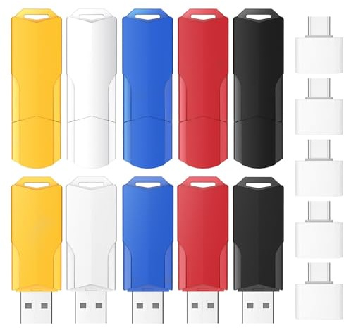 Wooolken Pendrive USB 1GB 2.0, Pack de 10 Memoria USB con 5 Adaptadores USB-C y 10 Cordones, Pen Drive para PC, Portátil, TV, Coche, Mac y Más