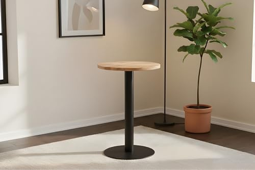 SAM Bistrotisch Emilio | Ø 50 cm Rund | Akazienholz massiv | Farbe: Natur | gerade Kante | schwarzes Säulengestell aus Metall runde Base | Säulentisch/Esstisch für Küche, Café & Essbereich